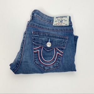 red true religion jeans with white stitching